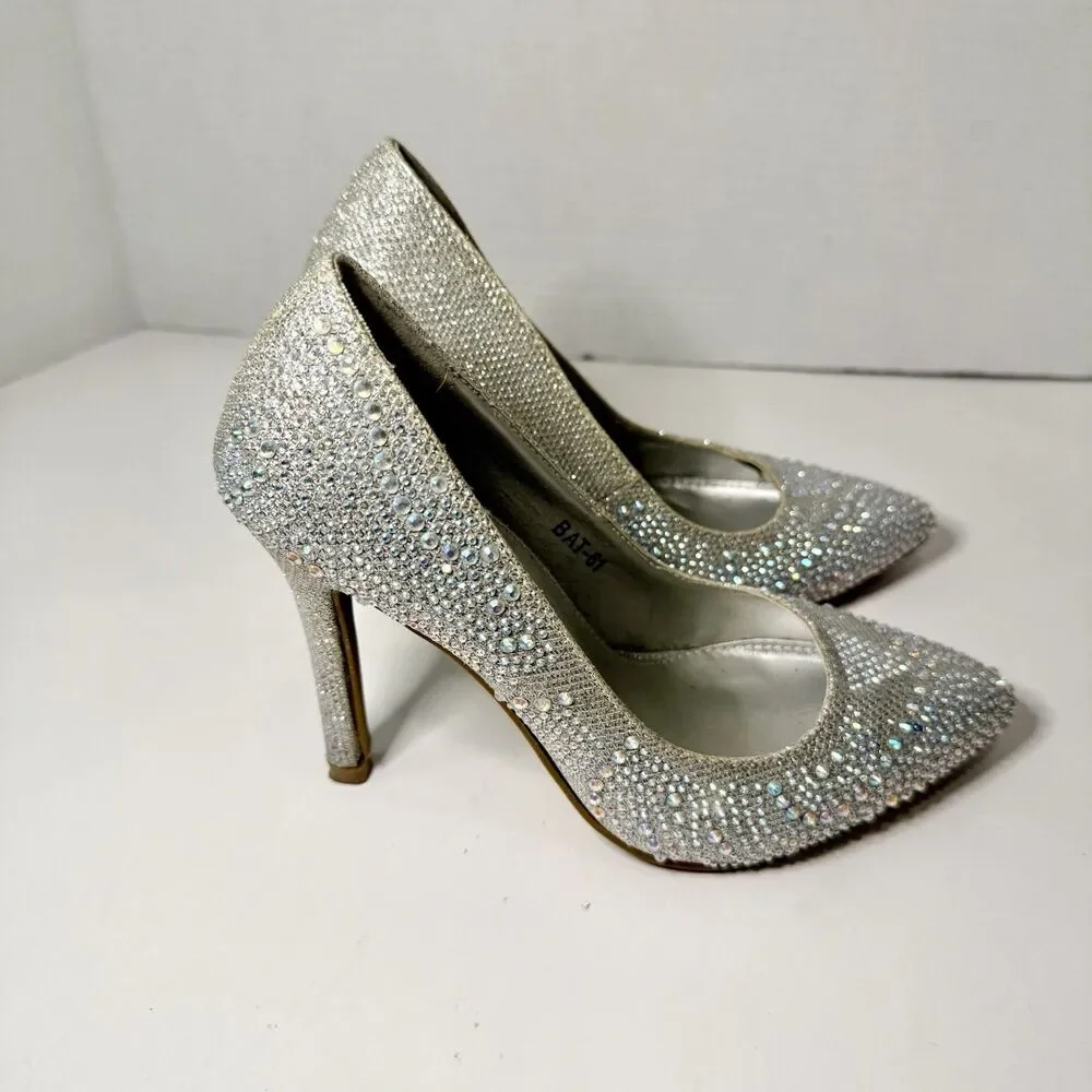 Silver Rhinestone Pointed Toe Stiletto Heels Bridal Wedding Glam US 6 Top Moda
